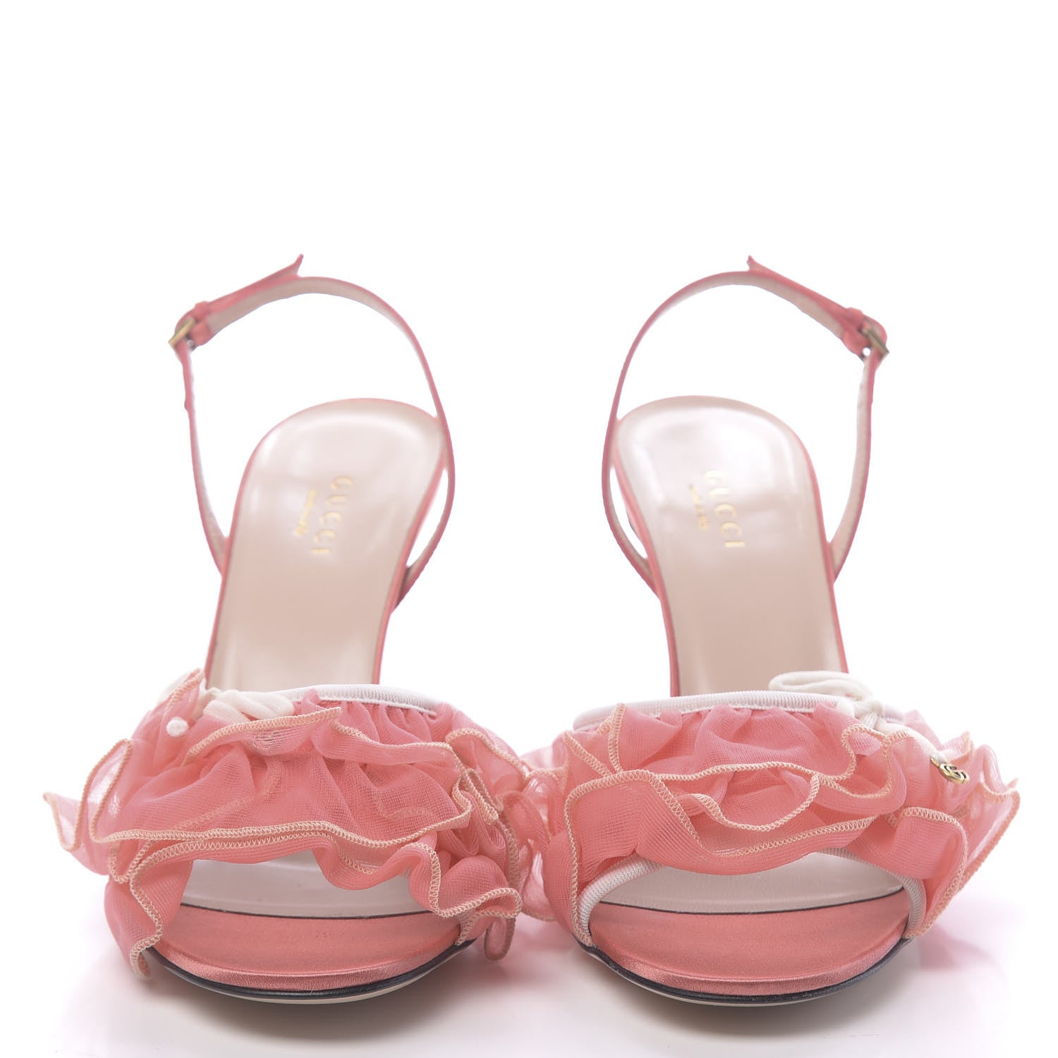 Gucci Tulle Ruffle Mid Heel Slingback Sandals 37.5 Peach White 2 of 9