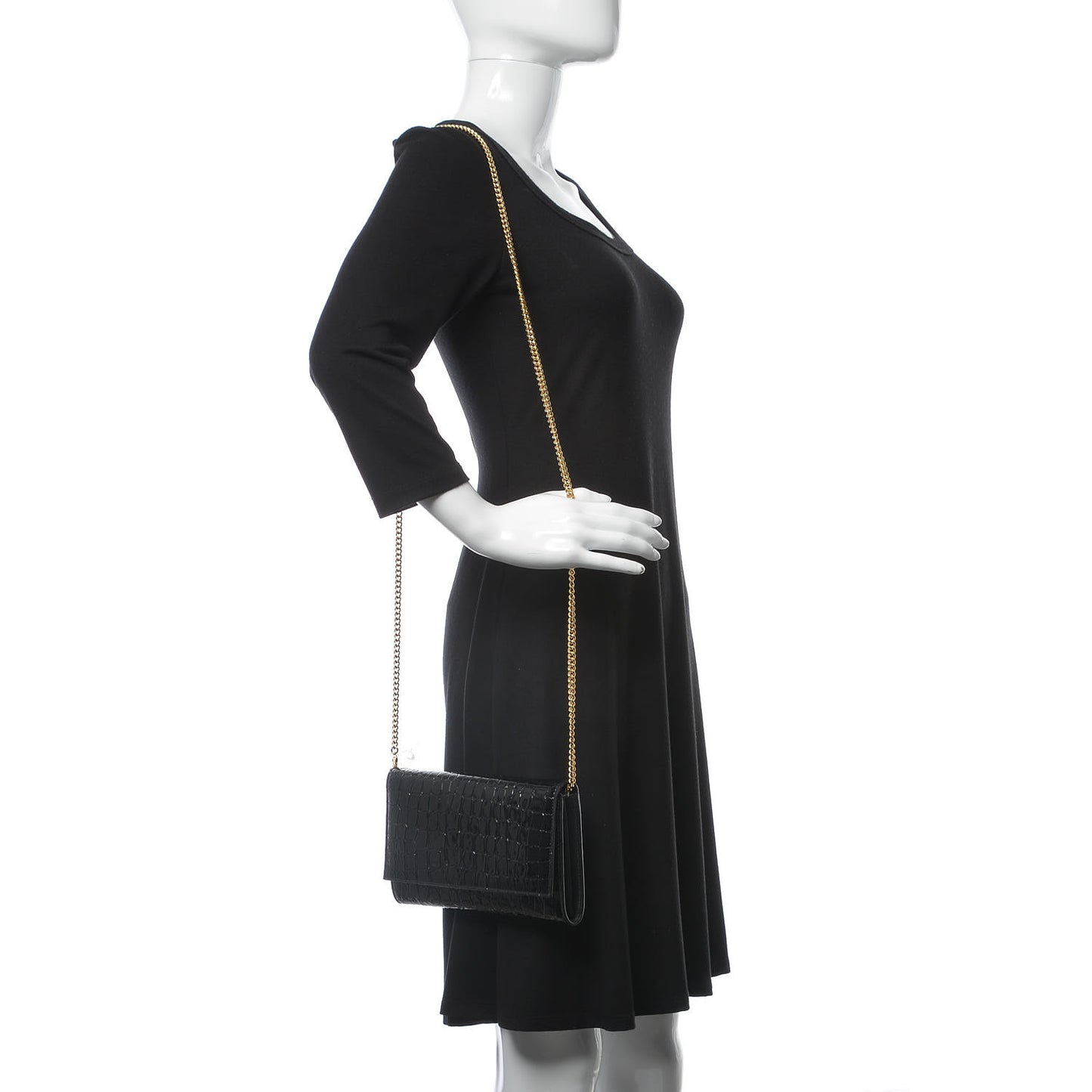 Patent Crocodile Embossed Wallet on Chain Black