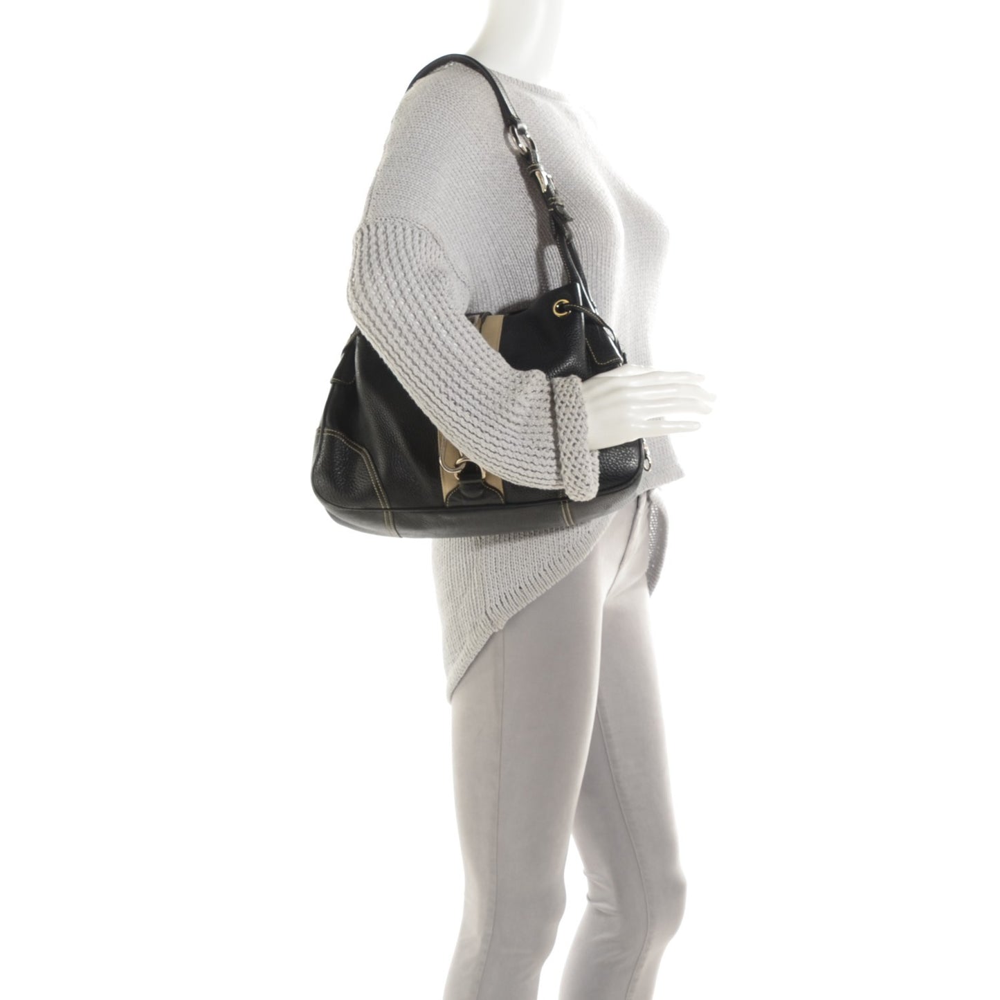 Vitello Daino Stripe Shoulder Bag Nero Black