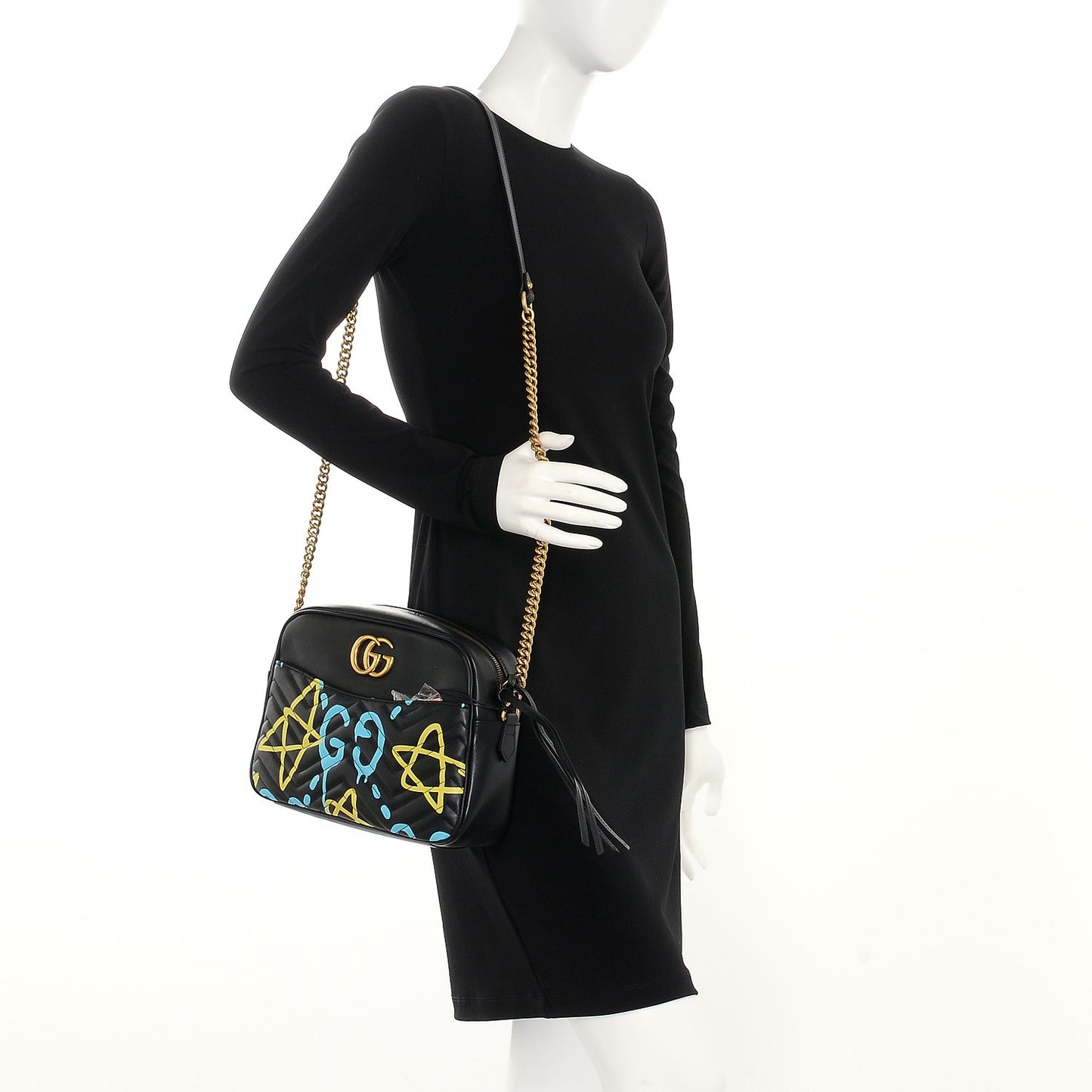 Calfskin Matelasse GucciGhost Medium GG Marmont Chain Shoulder Bag Black New Acquamarine
