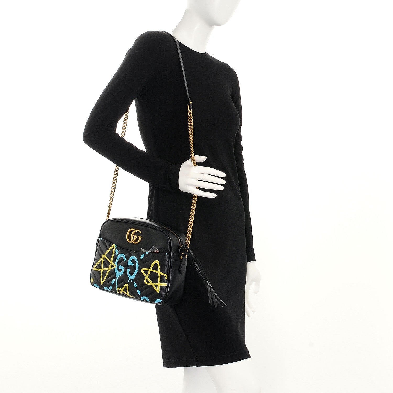 Gucci Calfskin Matelasse GucciGhost Medium GG Marmont Chain Shoulder Bag Black New Acquamarine 2 of 7