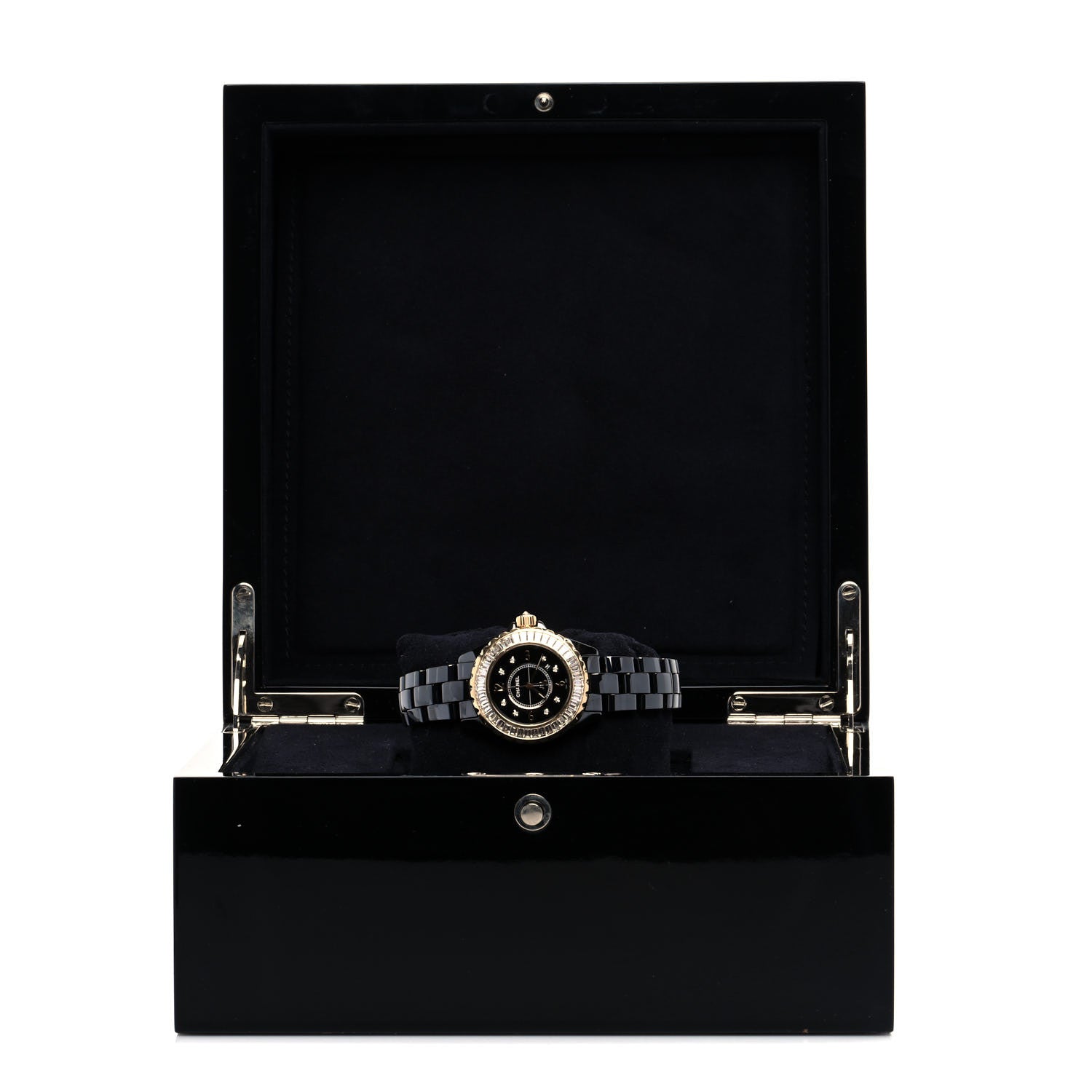 Chanel Stainless Steel 18K Yellow Gold Ceramic Diamond Baguette 33mm J12 Quartz Watch Black 5 of 5