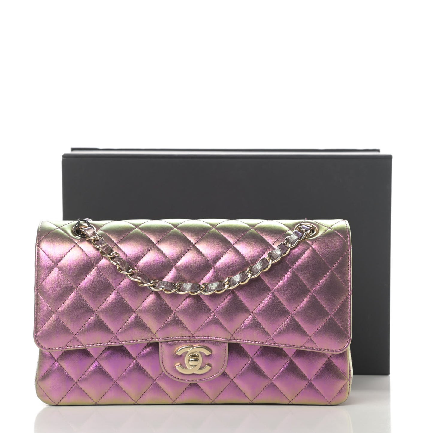 Iridescent Lambskin Quilted Medium Double Flap Purple