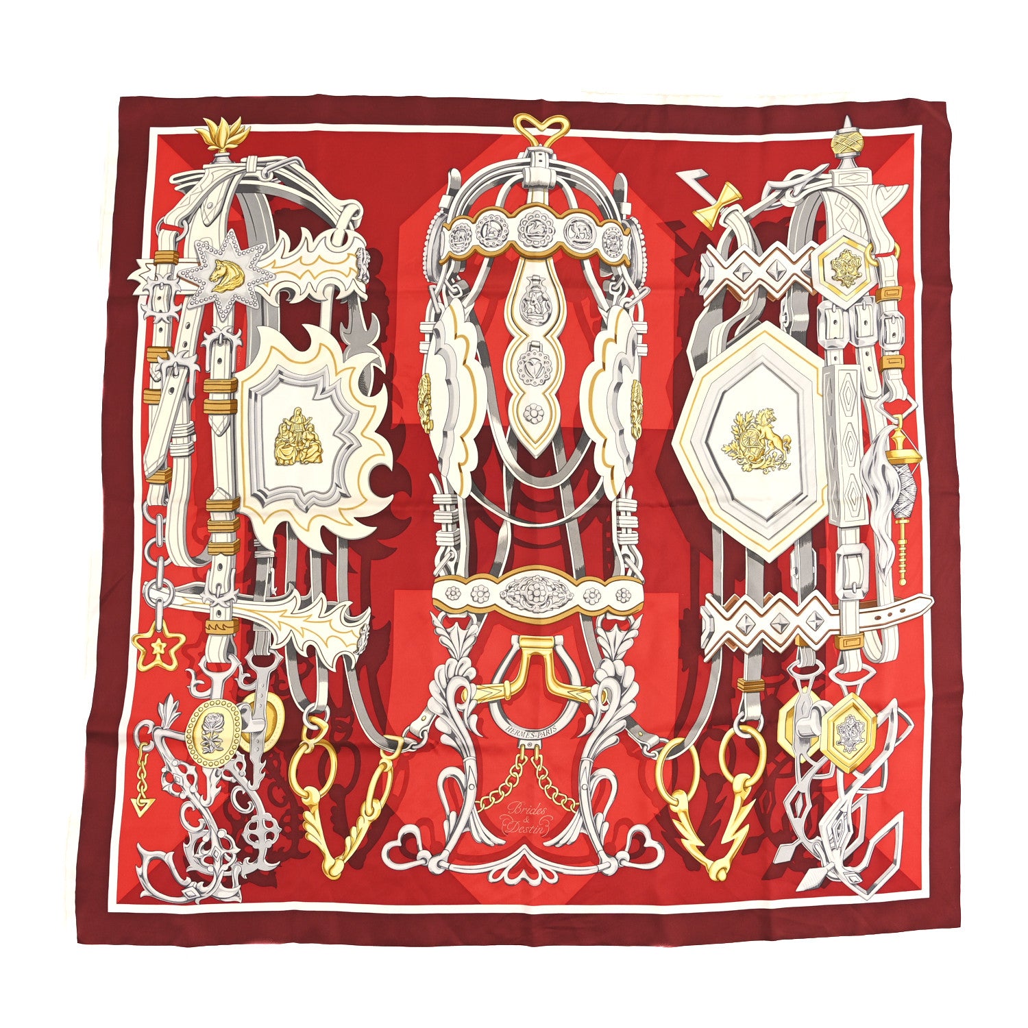 Hermes Silk Brides Et Destin Scarf 90 Rouge Gris Argent White 1 of 3