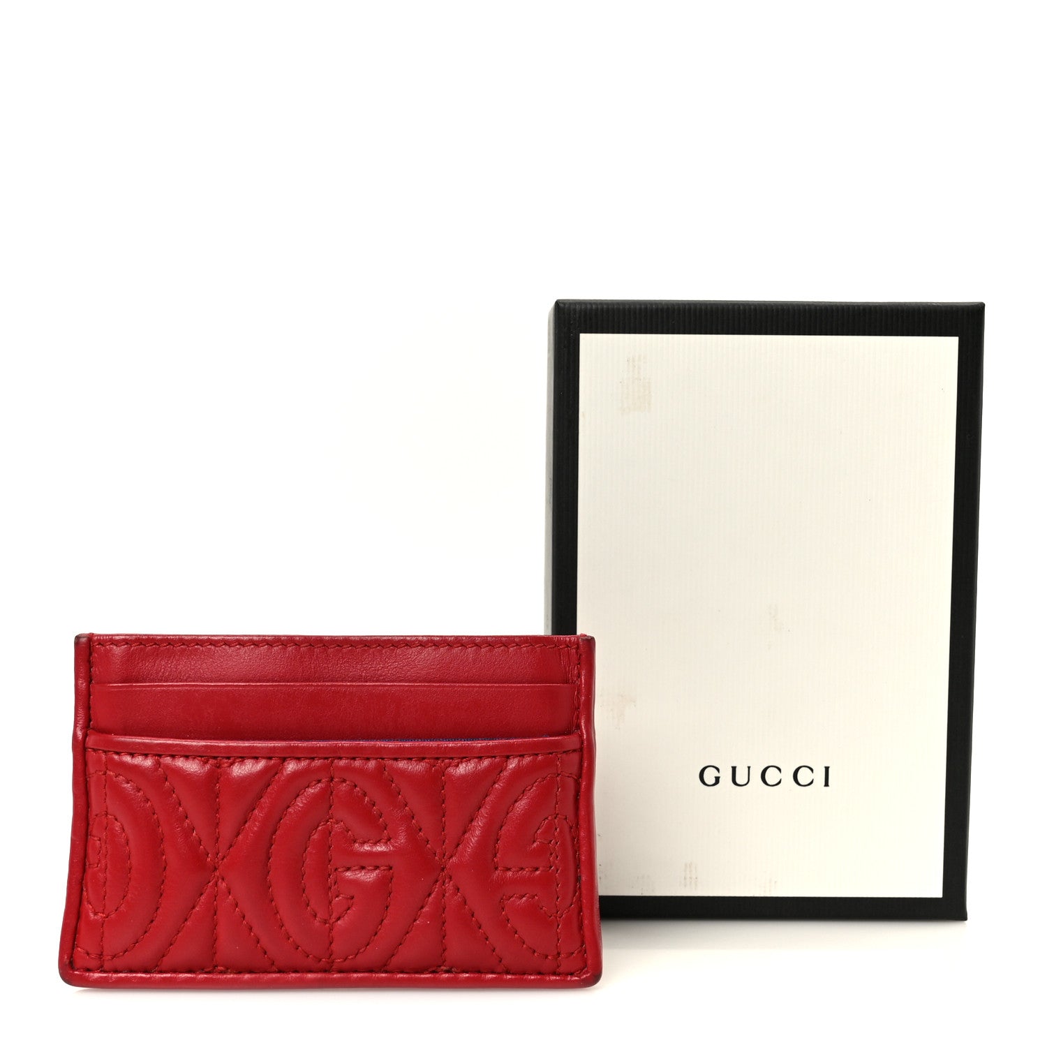 Gucci Calfskin G Rhombus Quilted Card Holder Hibiscus Red 1874423