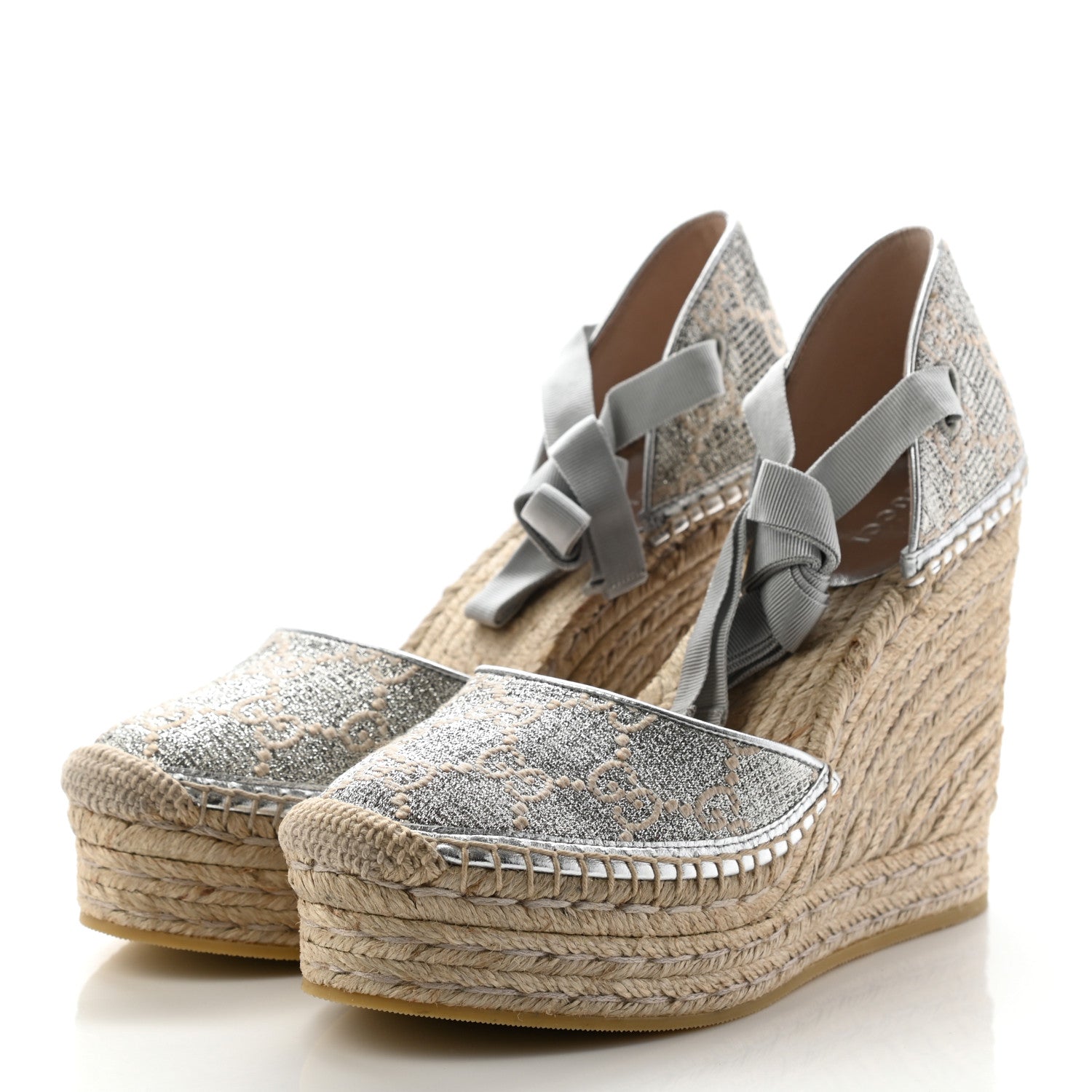 Gucci Lame GG Monogram Ankle Wrap Platform Espadrille Wedges 39.5 Silver Beige Light Grey 3 of 11