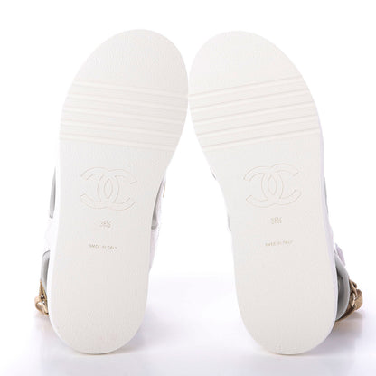 Chanel Goatskin Fabric Gladiator Sandals 38.5 White Light Grey Navy Blue 5 of 10