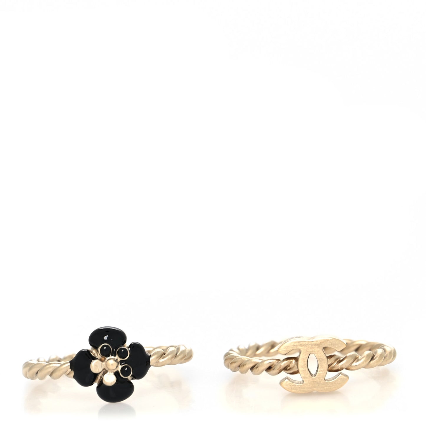 Enamel Camellia CC Ring Set of 2 4.5 5.5 Gold Black