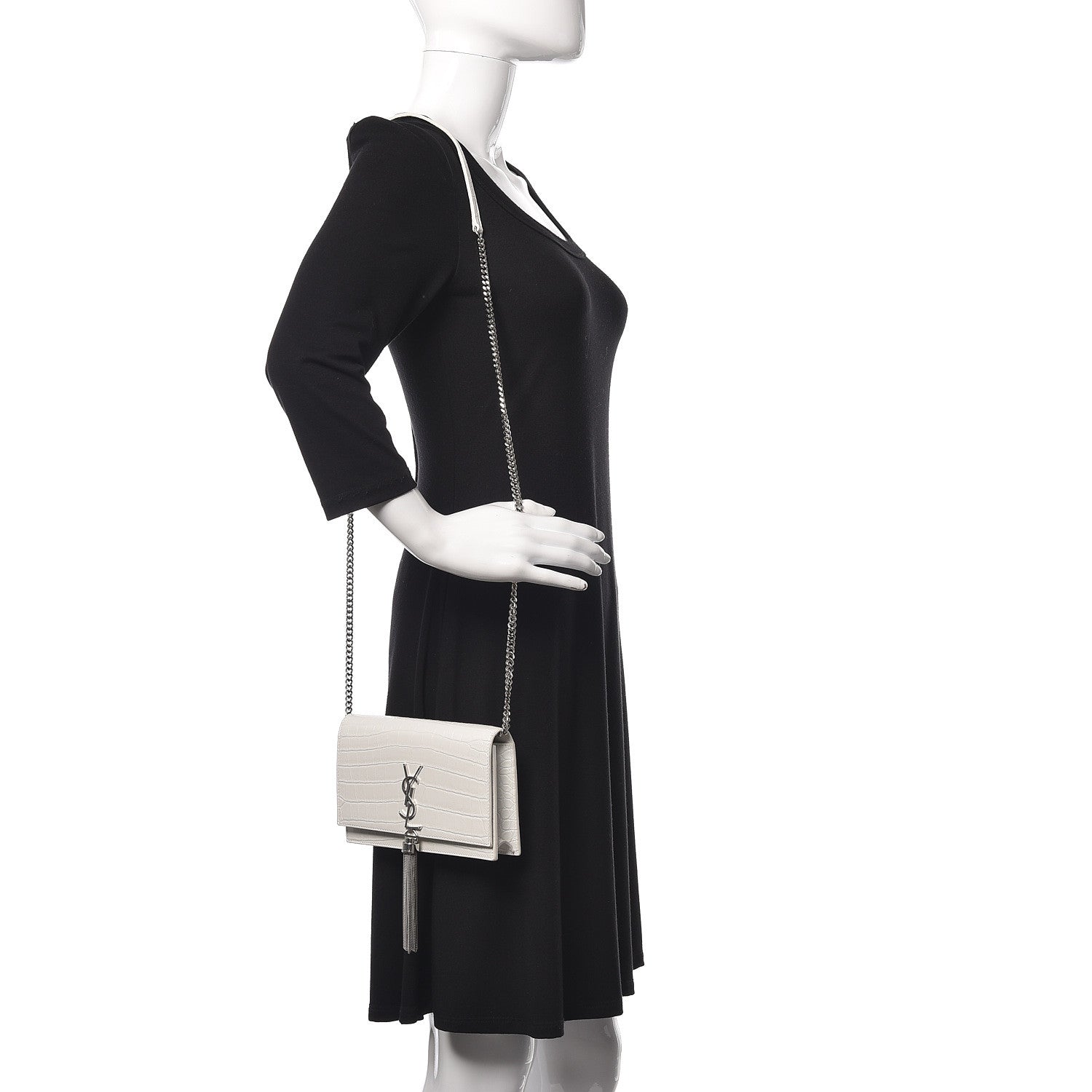 Saint Laurent Calfskin Crocodile Embossed Kate Monogram Tassel Chain Wallet Cremasoft 2 of 13