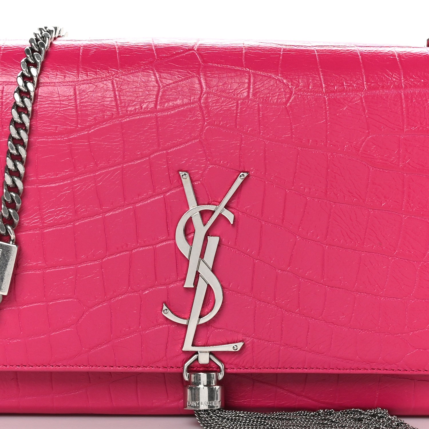 Saint Laurent Calfskin Crocodile Embossed Medium Classic Monogram Kate Tassel Satchel Fuchsia 6 of 11