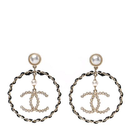 Chanel Lambskin Crystal Pearl CC Chain Hoop Earrings Gold Black 1 of 5