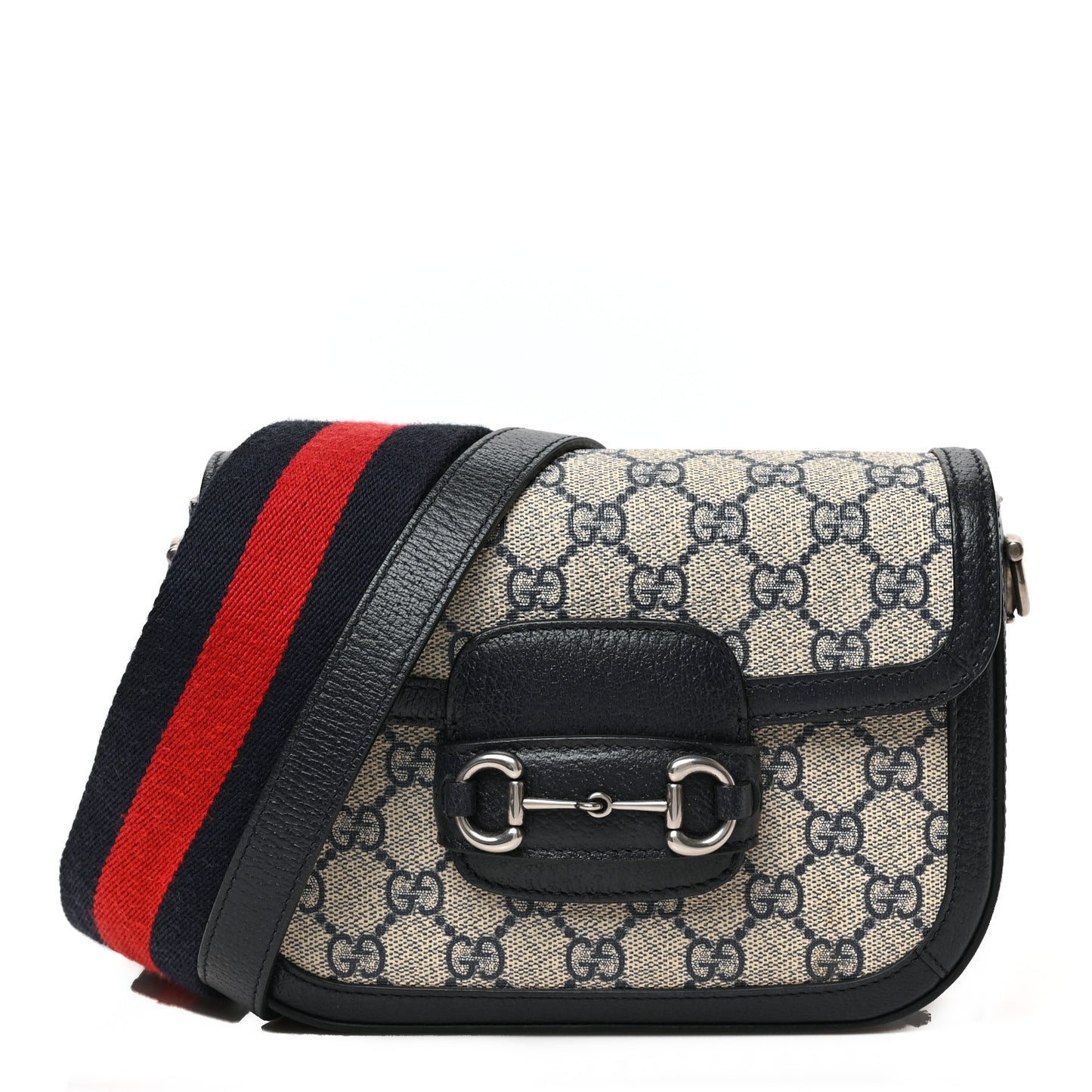 GG Supreme Monogram Textured Dollar Calfskin Web Mini Horsebit 1955 Shoulder Bag Beige Blue