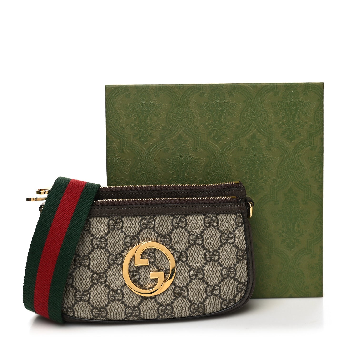 GG Supreme Monogram Textured Dollar Calfskin Web Mini Blondie Crossbody Bag Beige Ebony New Acero