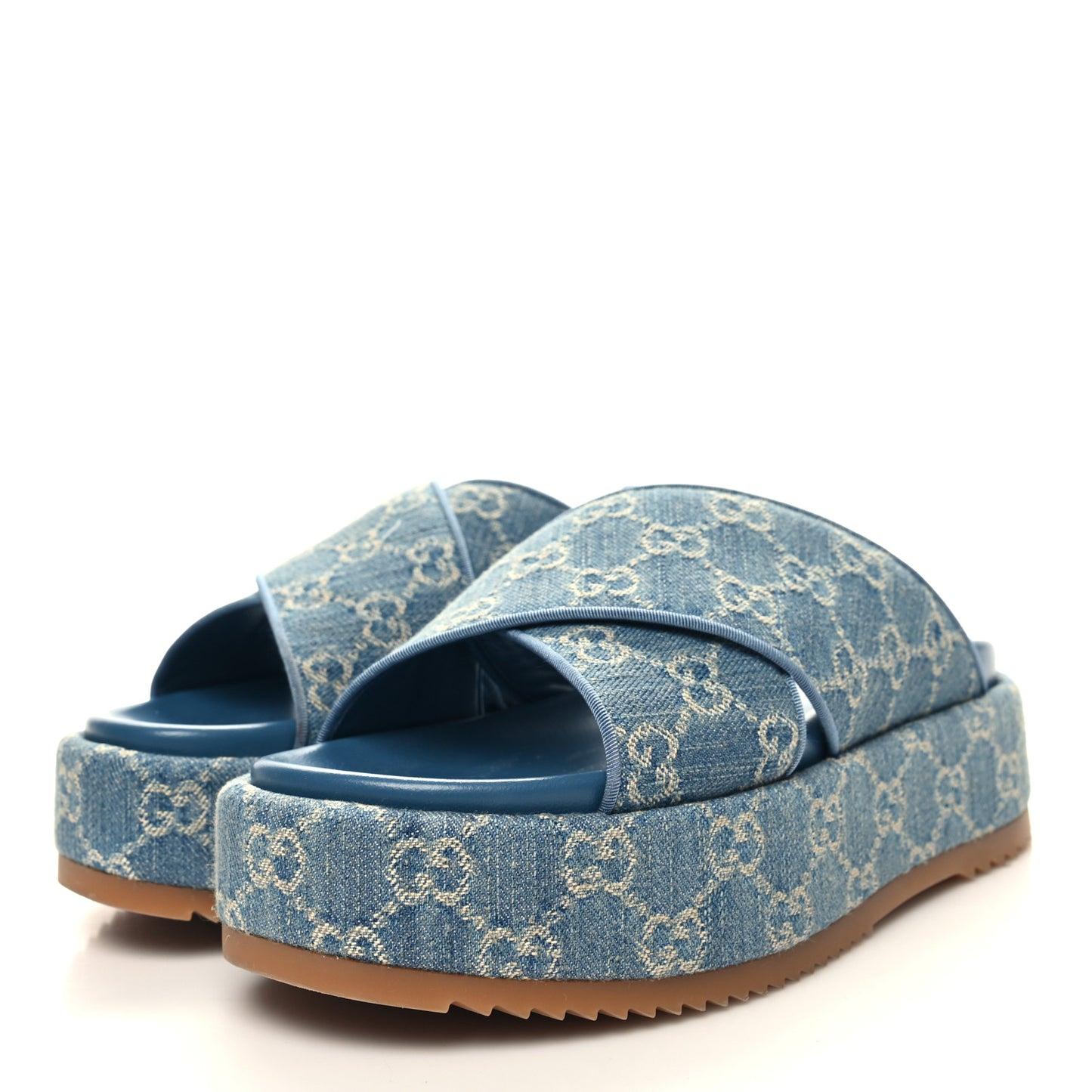 New Denim GG Monogram Angelina Platform 55mm Slide Sandals 38.5 Blue