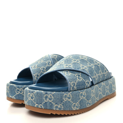 Gucci New Denim GG Monogram Angelina Platform 55mm Slide Sandals 38.5 Blue 3 of 8