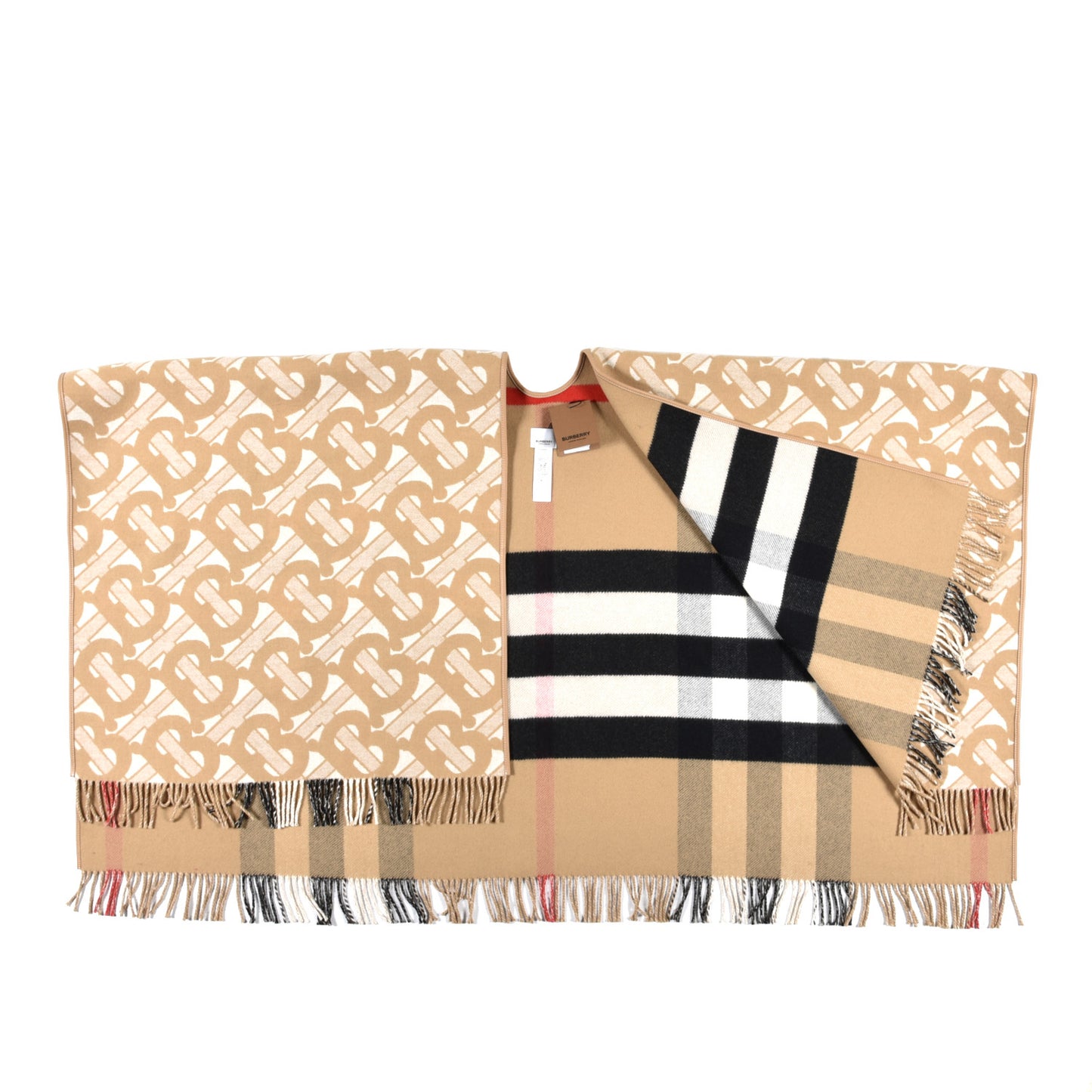 Wool Cashmere Lambskin Monogrammed TB Print Half Mega Check Cape Scarf Archive Beige