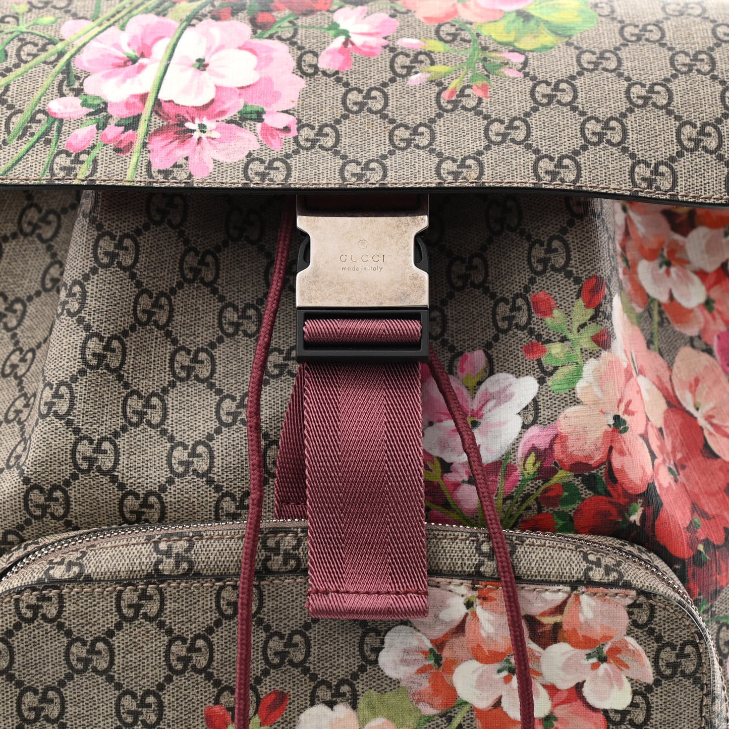 GG Supreme Monogram Blooms Medium Single Buckle Backpack Beige Multicolor Dry Rose