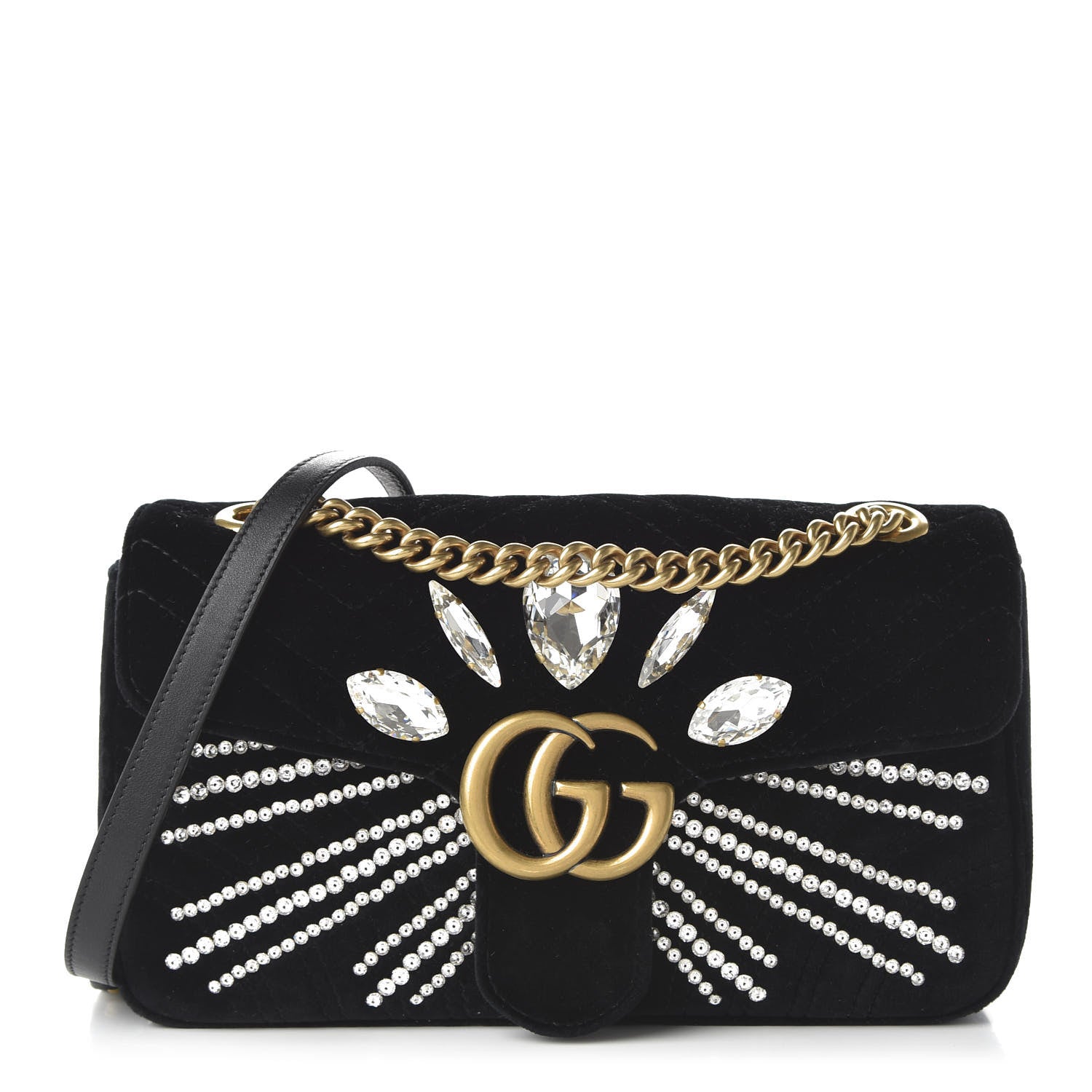 Gucci Velvet Matelasse Marquise Crystals Embroidered Small GG Marmont Shoulder Bag Black 1 of 10