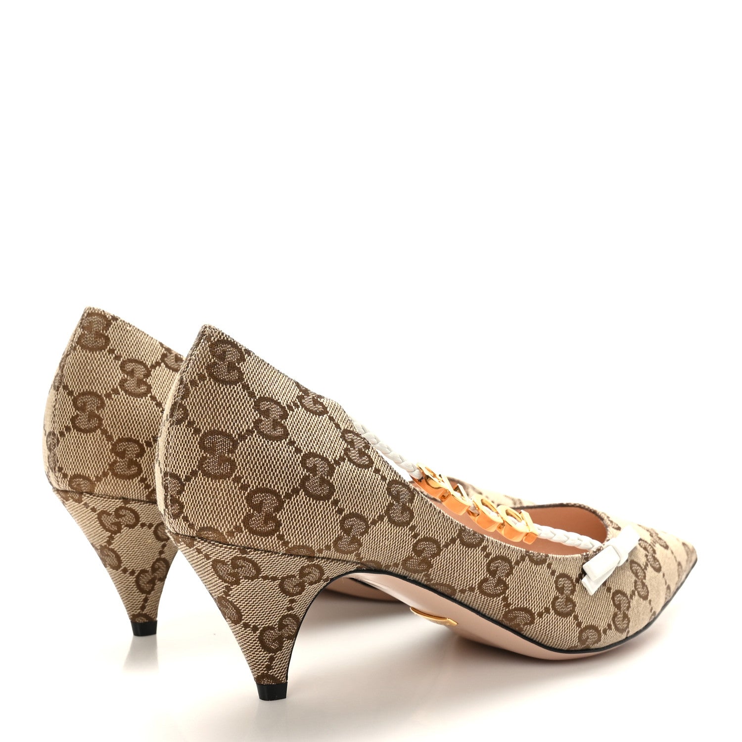 Gucci Monogram Malaga Kid Script Logo Bow 55mm Pumps 39.5 Beige Ebony Great White 4 of 7