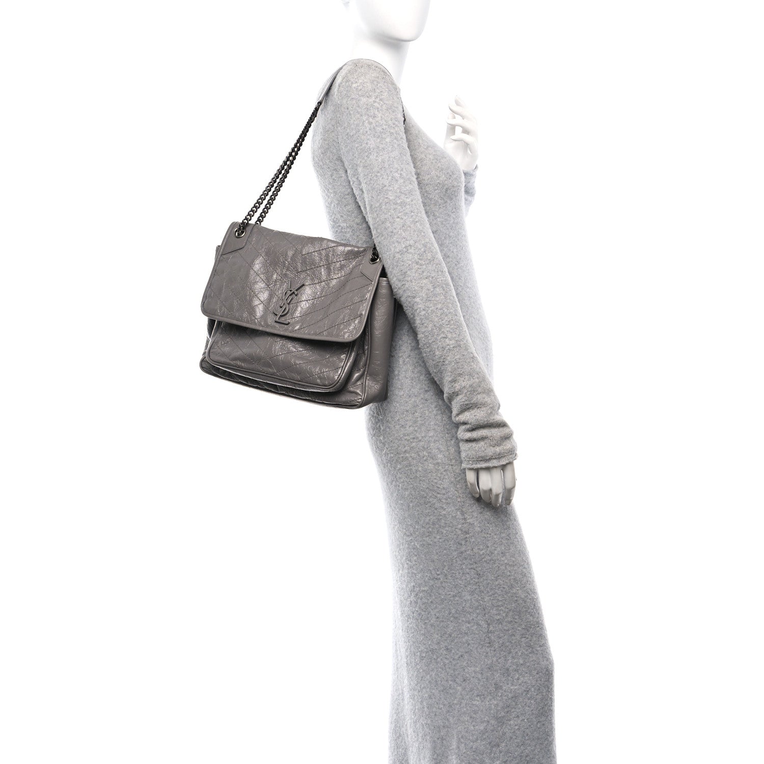 Saint Laurent Crinkled Calfskin Matelasse Monogram Large Niki Chain Satchel Fog 2 of 10