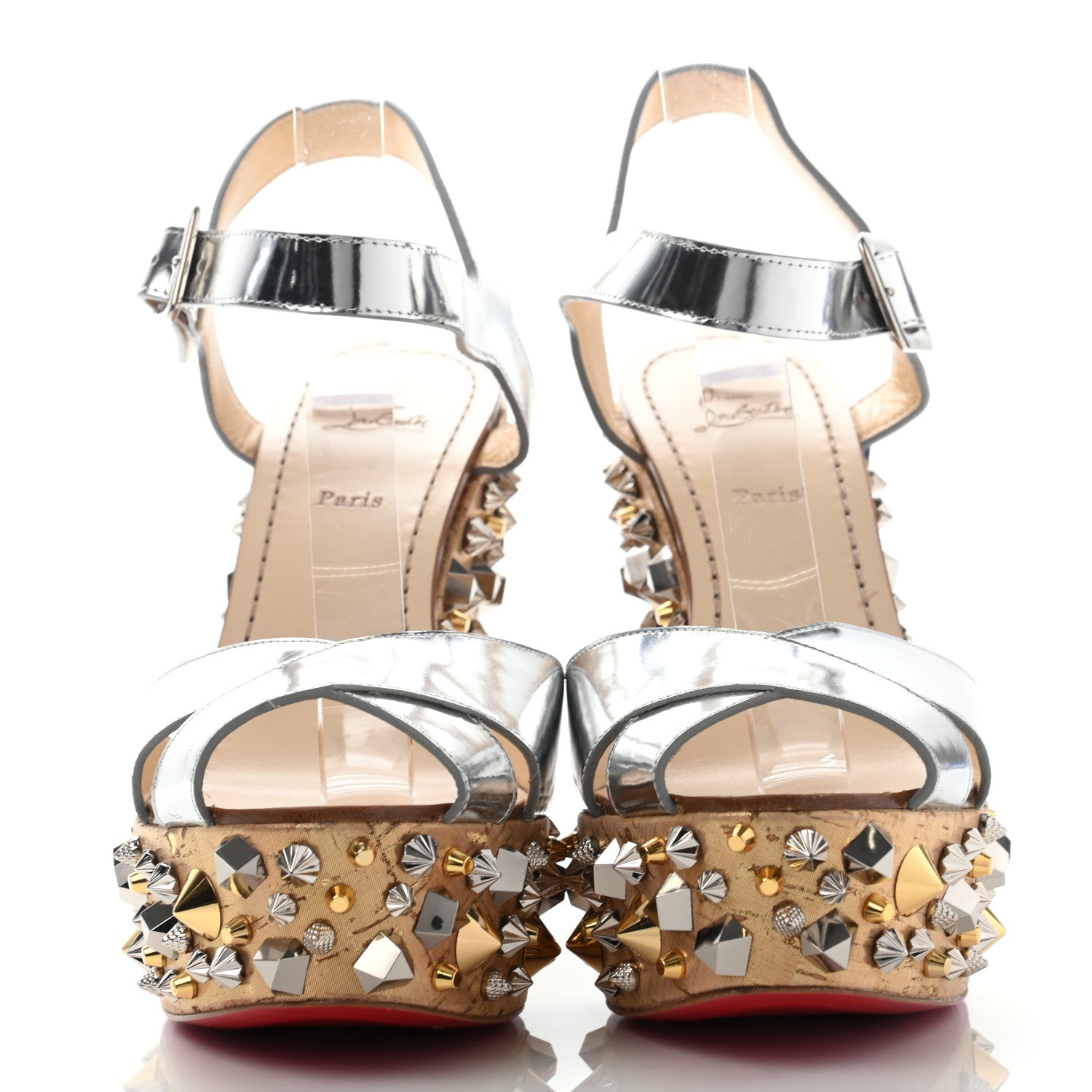 Christian Louboutin Calfskin Lame Cork Almericca 120 Studded Wedge Sandals 41 Silver 2 of 14