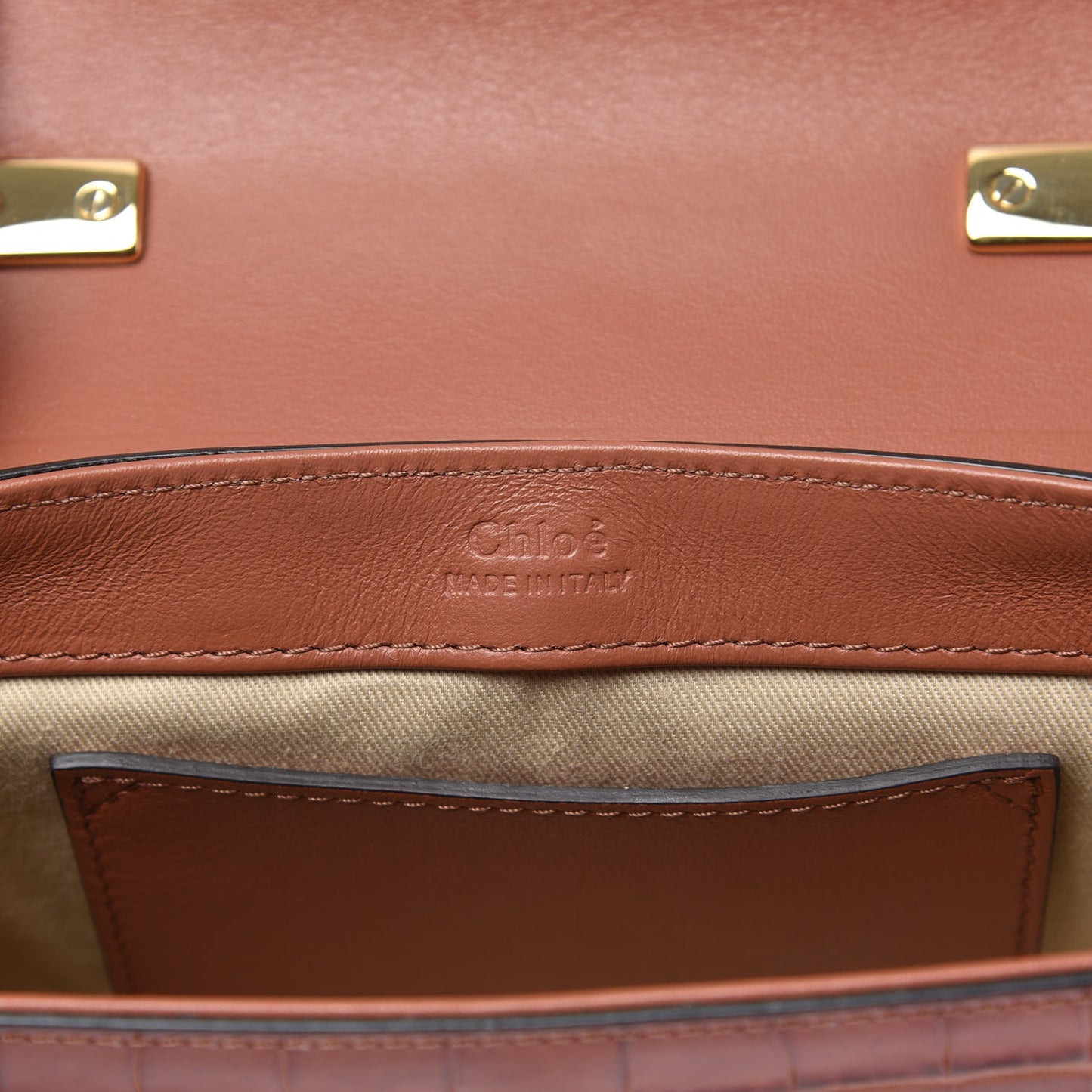 Calfskin Crocodile Embossed Mini C Double Carry Chestnut Brown