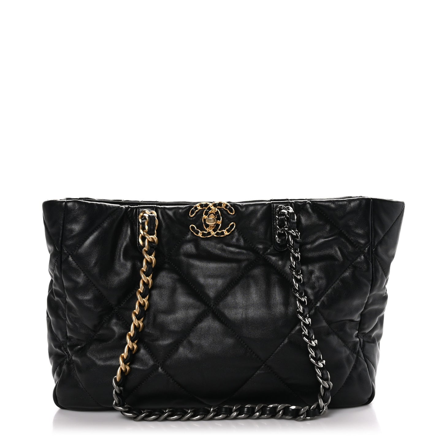 Lambskin Quilted Chanel 19 East West Shopping Bag Black