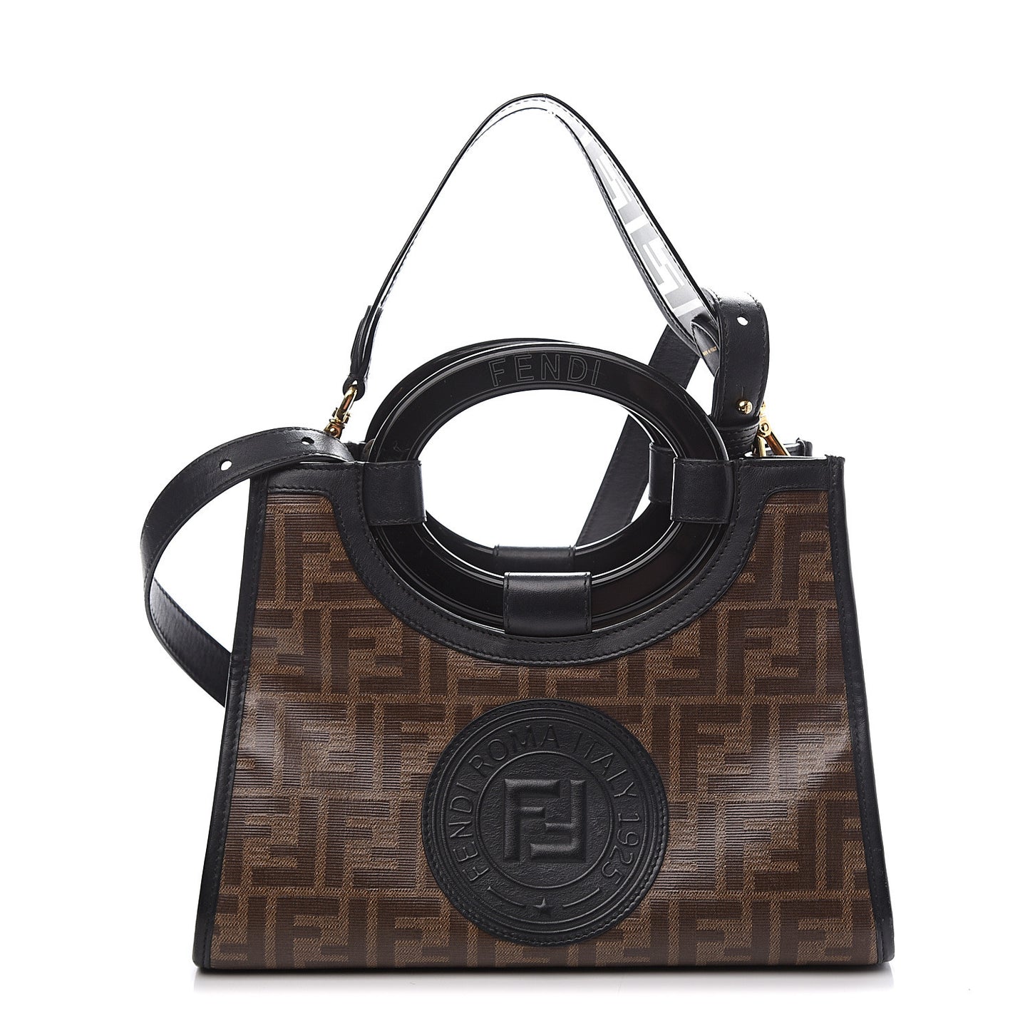 Glazed Fabric Vitello Century Plexiglass FF 1974 Stamp Patch Small Runaway Shopper Tote Mogano Panna Black