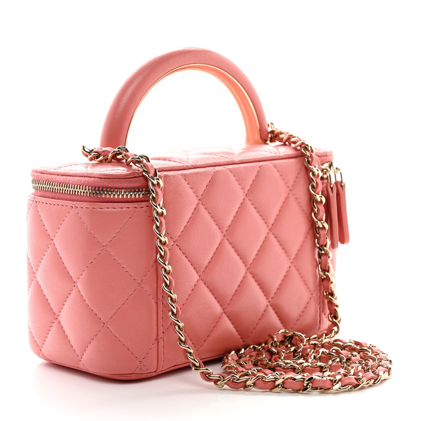 Lambskin Quilted Small Charming Top Handle Vanity Case With Chain Pink