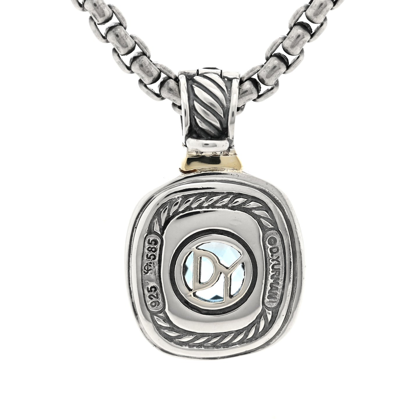 Sterling Silver 14K Yellow Gold Blue Topaz 12mm Albion Pendant Box Chain Necklace
