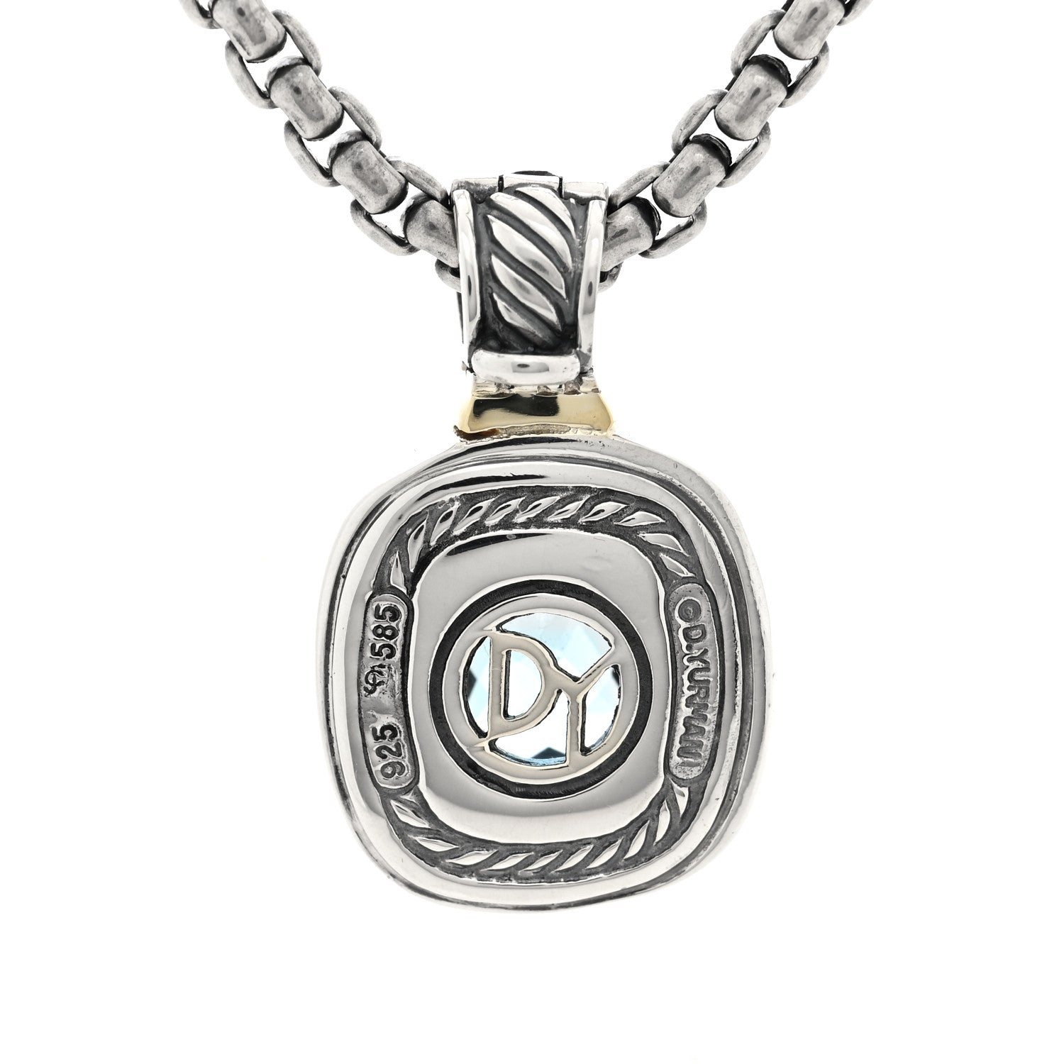 David Yurman Sterling Silver 14K Yellow Gold Blue Topaz 12mm Albion Pendant Box Chain Necklace 4 of 5