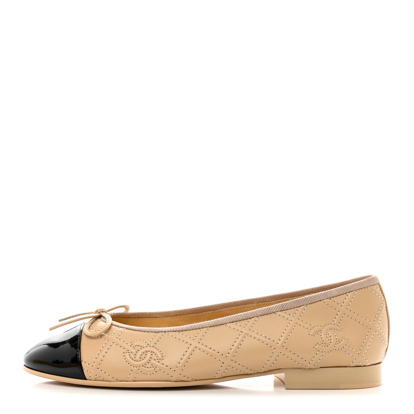 Lambskin Patent Calfskin Double Stitched CC Cap Toe Ballerina Flats 36 Beige Black