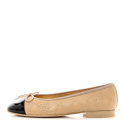 Chanel Lambskin Patent Calfskin Double Stitched CC Cap Toe Ballerina Flats 36 Beige Black 1 of 9