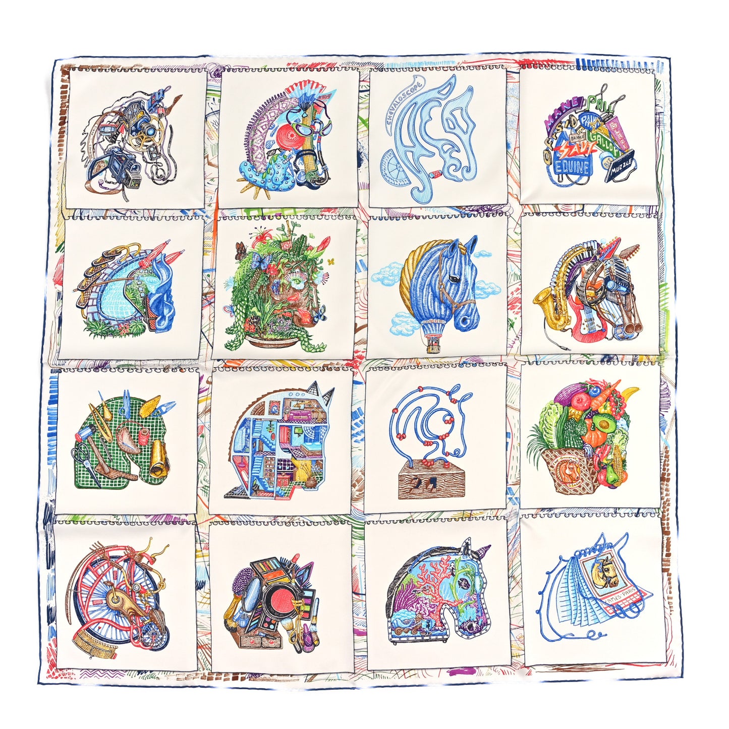 Silk Chevaloscope Scarf 90 White Bleu Multicolor