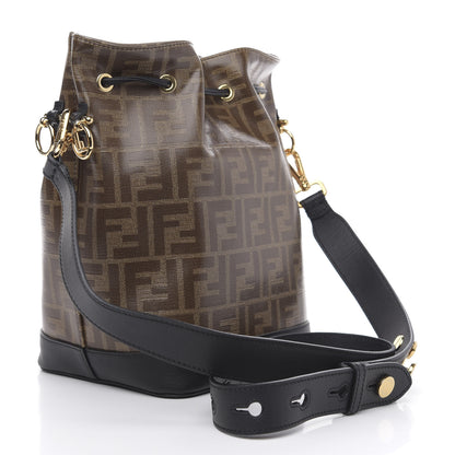 Fendi Glazed Fabric Vitello Grace F is Fendi FF 1974 Stamp Patch Grande Mon Tresor Bucket Bag Mogano Panna Black 3 of 12
