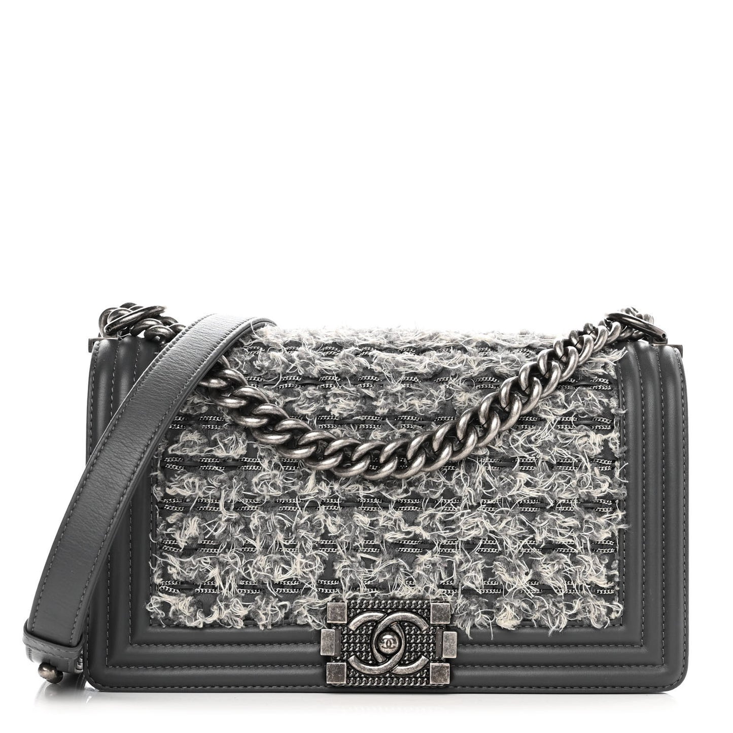 Tweed Calfskin Medium Boy Flap Grey