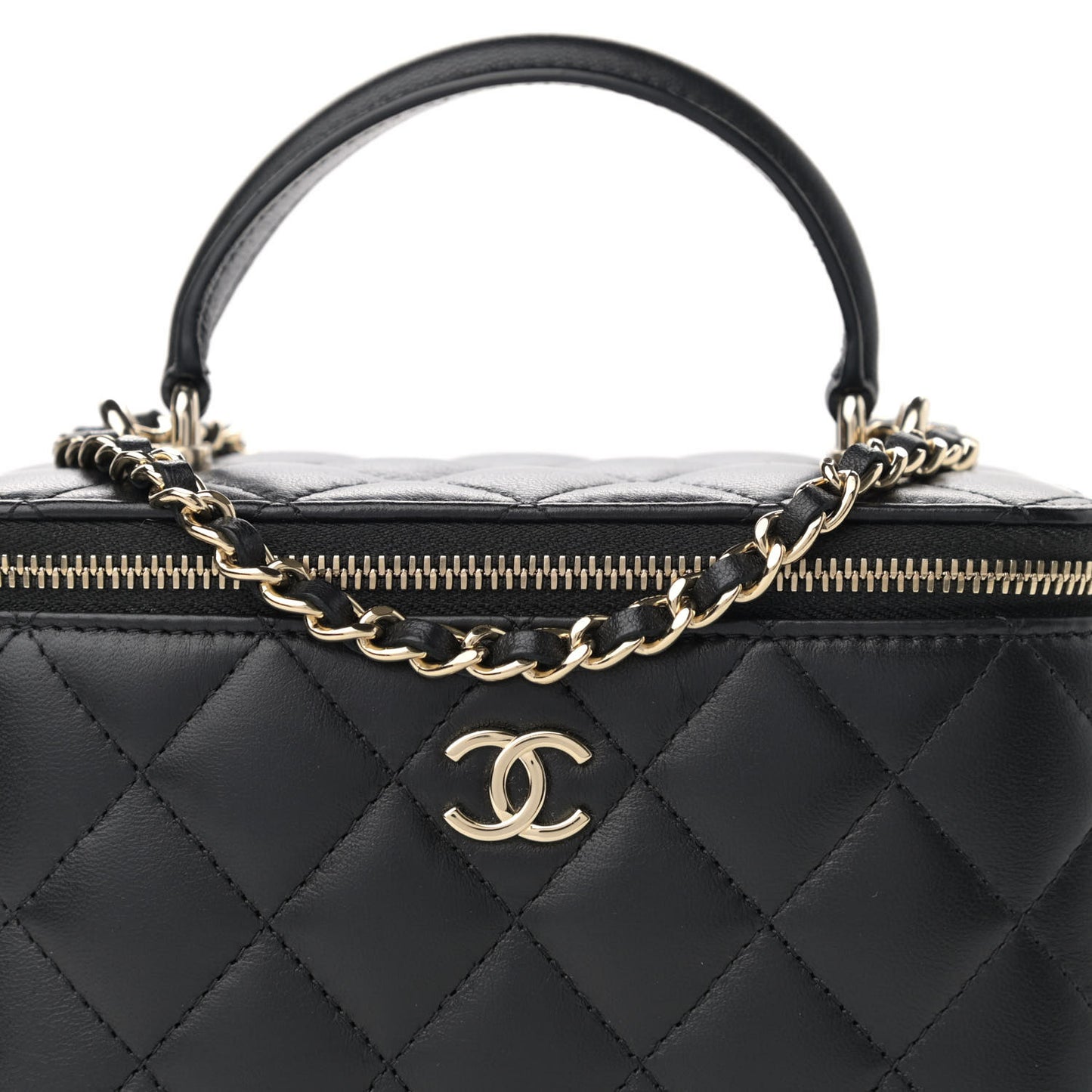 Lambskin Quilted Small Top Handle Vanity Case With Chain Black