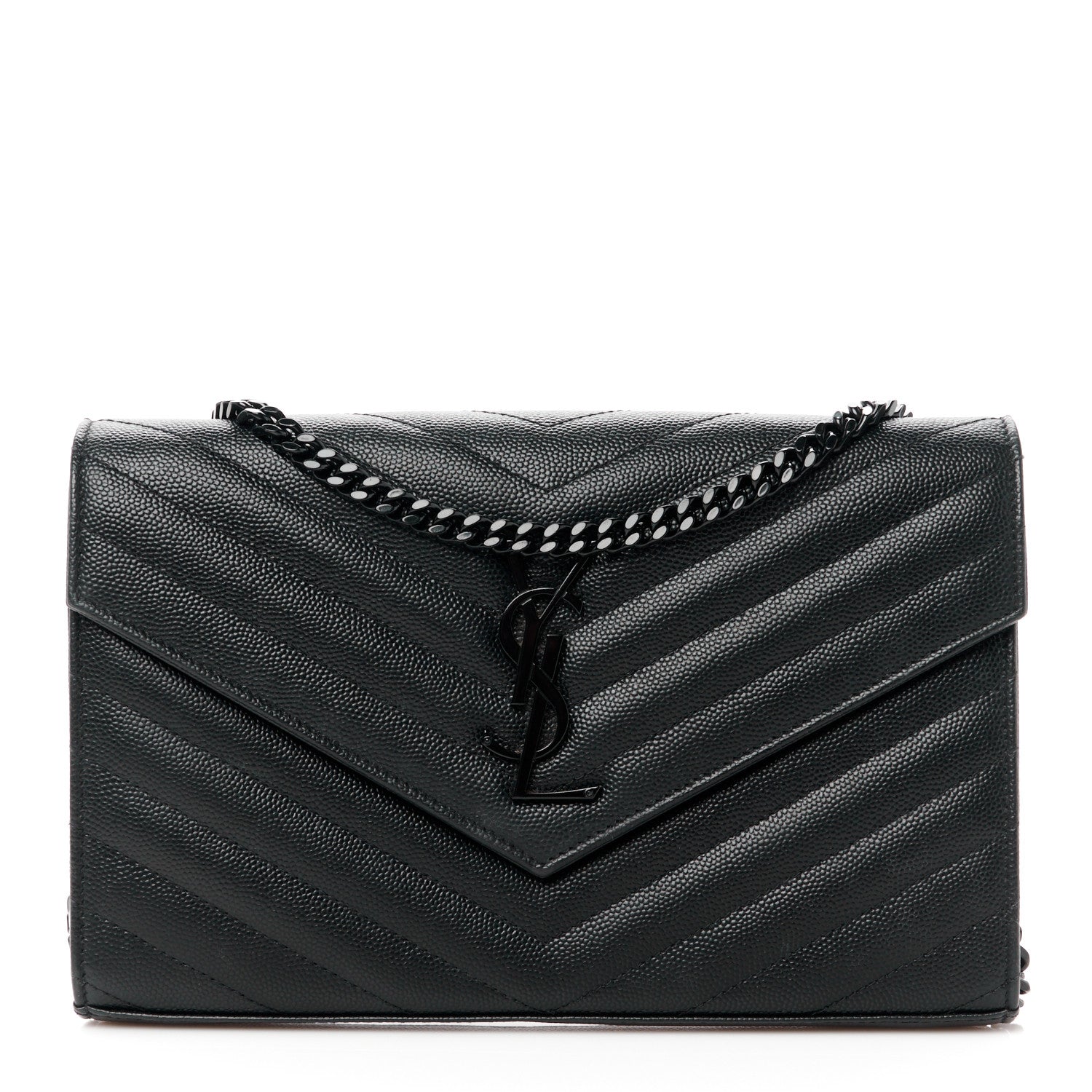 Saint Laurent Grain De Poudre Matelasse Chevron Monogram Monochrome Chain Wallet Black 1 of 10