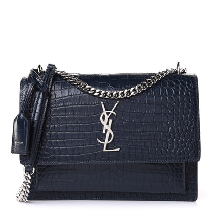 Saint Laurent Calfskin Crocodile Embossed Medium Monogram Sunset Navy 1 of 10