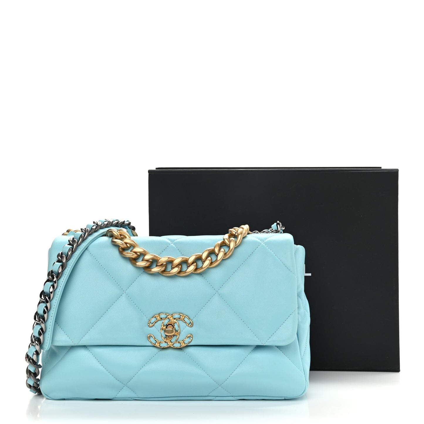 Shiny Lambskin Quilted Large Chanel 19 Flap Light Blue
