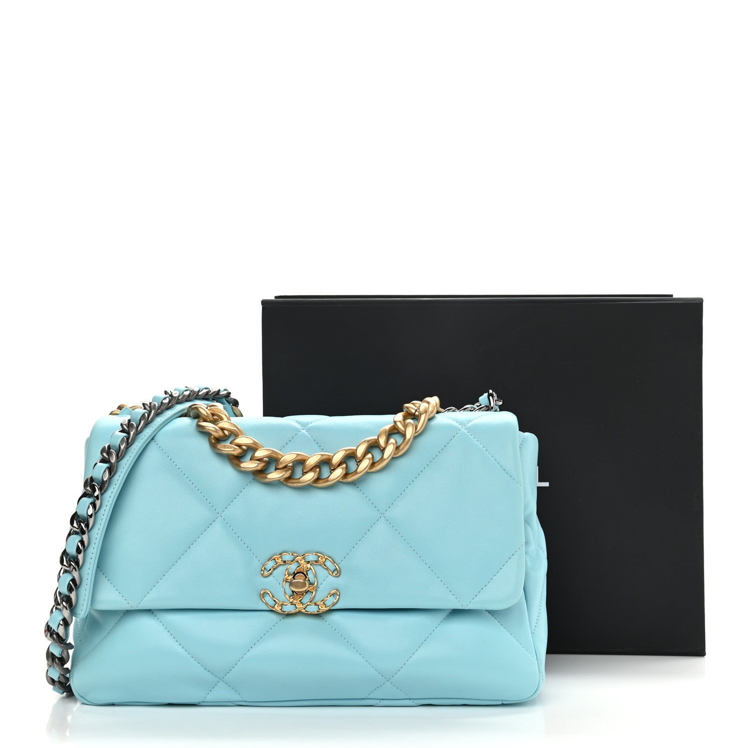 Chanel Shiny Lambskin Quilted Large Chanel 19 Flap Light Blue 12 of 12