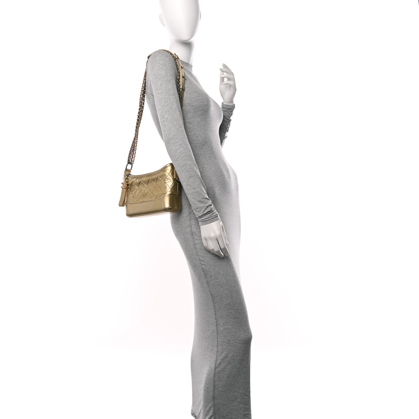 Metallic Aged Calfskin Quilted Small Gabrielle Hobo Gold