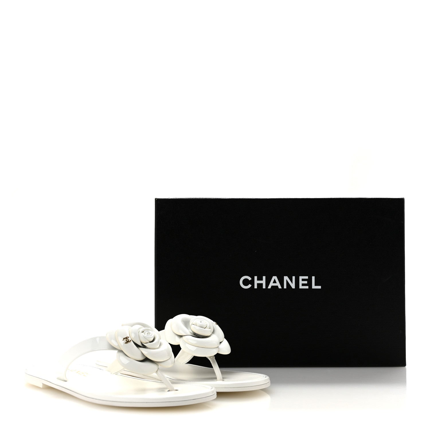 Chanel Patent Calfskin Camellia Thong Sandals 37.5 White 10 of 10