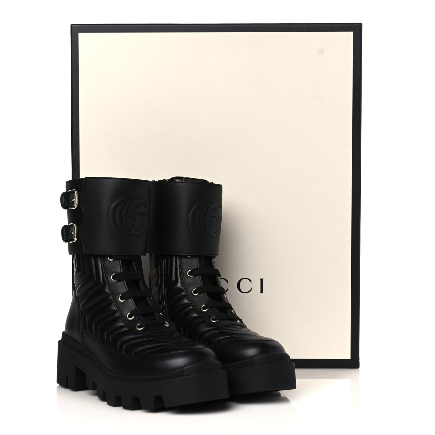 Nappa Frances GG Matelasse Platform Combat Boots 35 Black