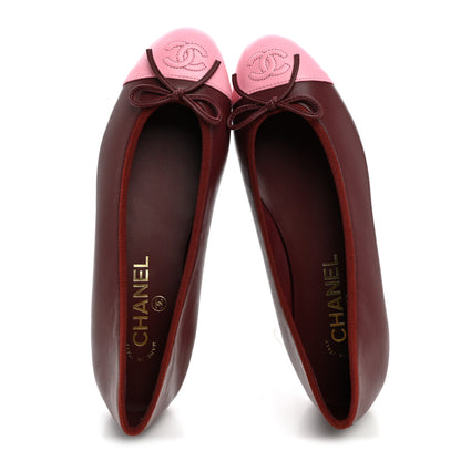 Chanel Lambskin Cap Toe CC Ballerina Flats 37.5 Burgundy Pink 5 of 10