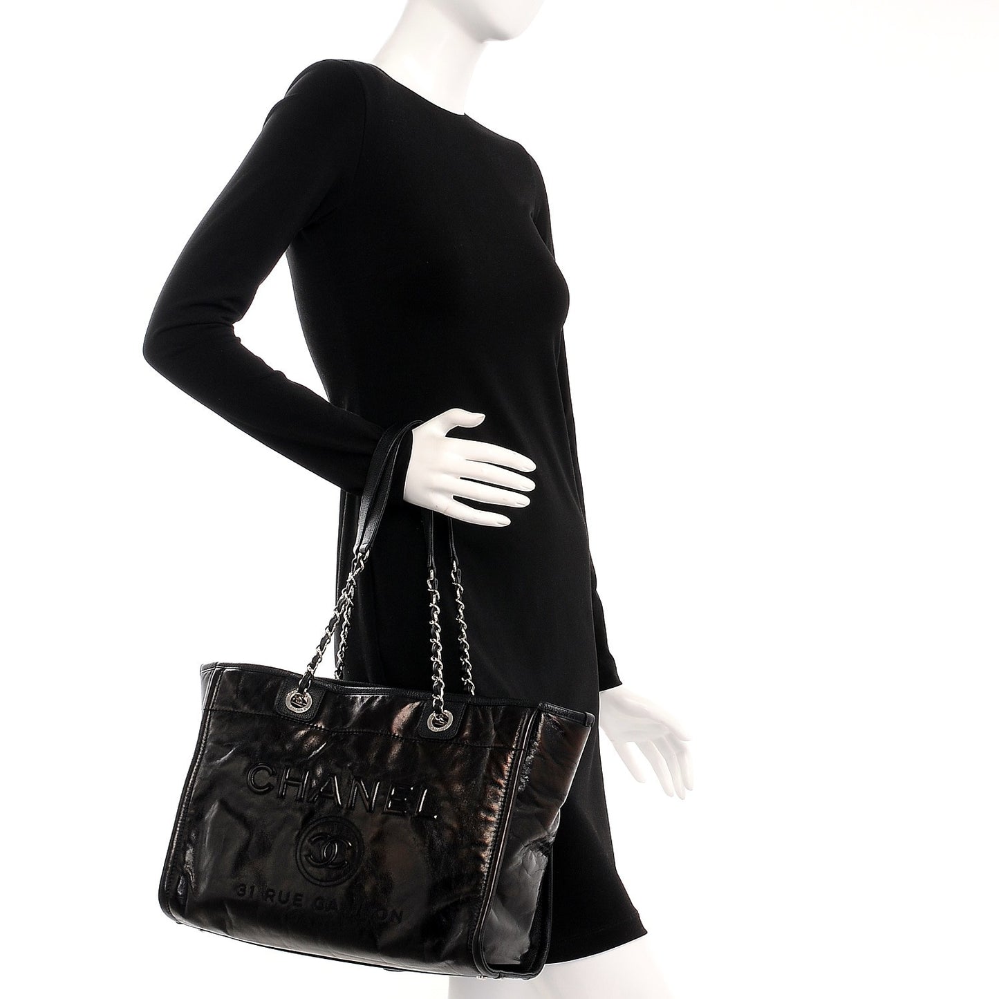 Glazed Calfskin Small Deauville Tote Black