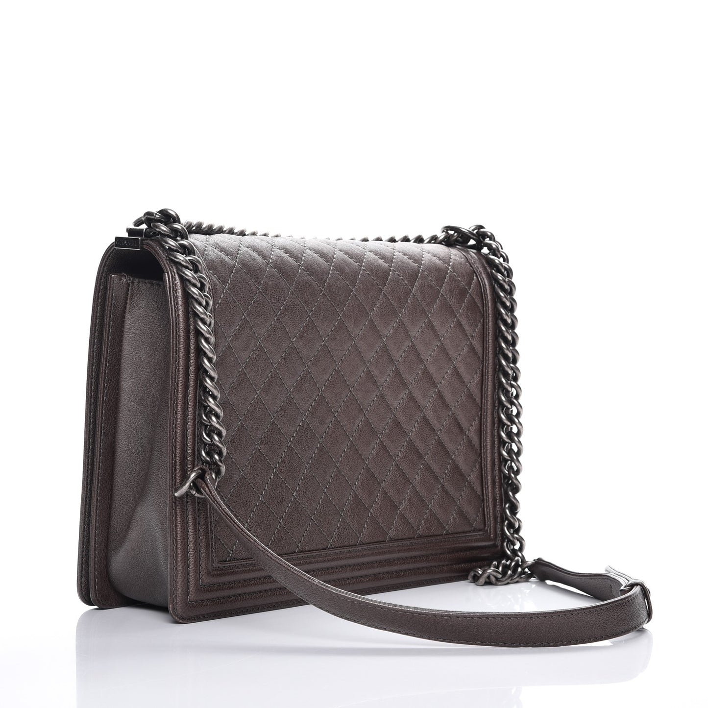 Metallic Calfskin Quilted Large Boy Flap Dark Silver