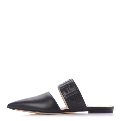 Fendi Vitello FF Embossed Buckle Flat Mules 38 Black 1 of 11