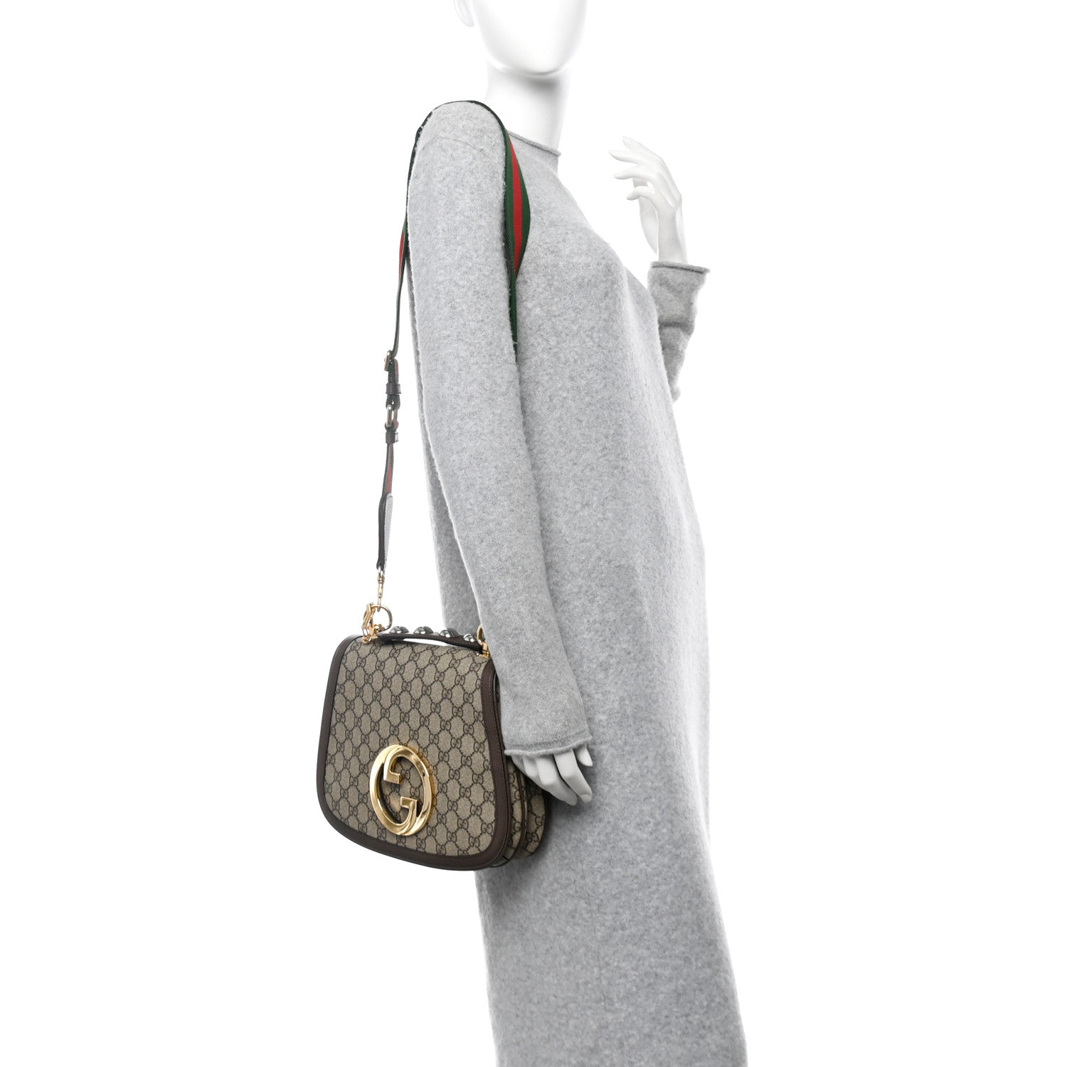 Gucci GG Supreme Monogram Textured Dollar Calfskin Web Medium Blondie Top Handle Shoulder Flap Bag Beige Ebony New Acero 2 of 11