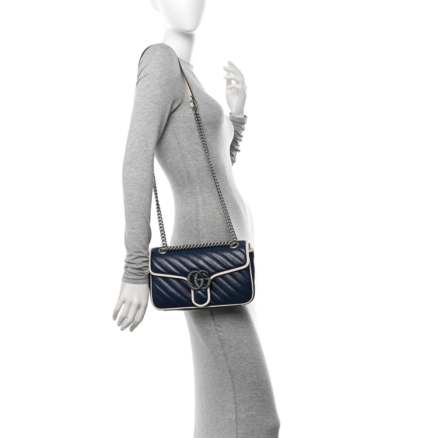 Vintage Effect Calfskin Matelasse Diagonal Small Torchon GG Marmont Shoulder Bag Blue Agata Mystic White